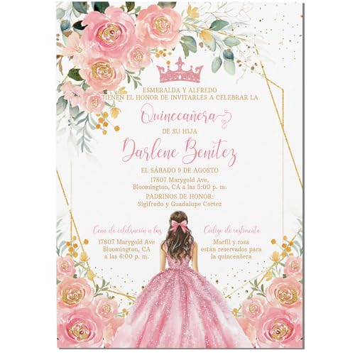 Dear Moments Studio Personalized Blush Pink Quinceaera Invitation Mis Quince Party Invite Custom Name 15th Birthday Celebration Invitation 5x7in