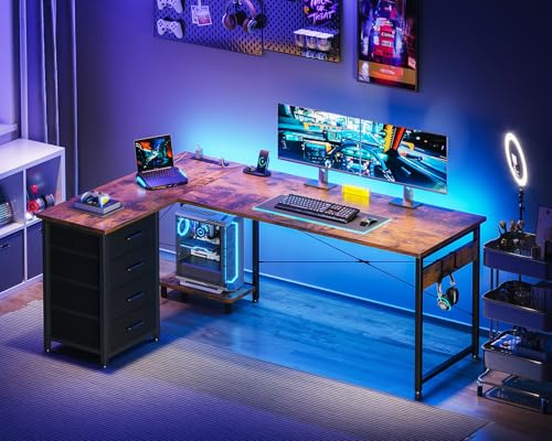 Casaottima Vintage L-Shaped Desk with 4 Tier Drawers & Power Outlets, 61" Storage Gaming Desk