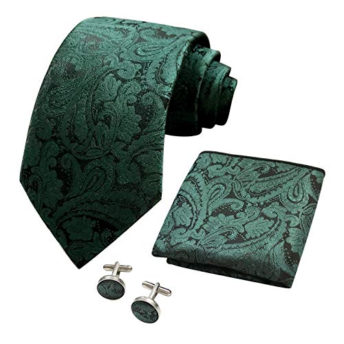 CANGRON Men Tie Dark Green Paisley Necktie Pocket Square Cufflinks Tie Set LSP8SL