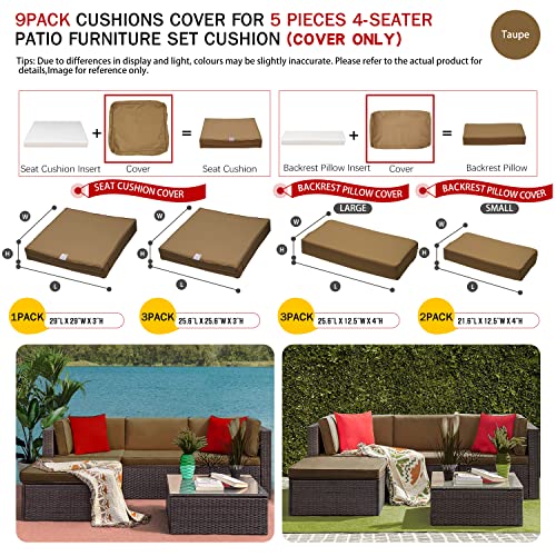 9 Pack Outdoor Patio Cushions Replacement Covers Fit For 5 Pieces 4-Seater Wicker Rattan Furniture Conversation Set Sectional Sofa Seat Cushion Pillow, Water-Resistant Fadeless,Taupe-Covers Only #TOP1