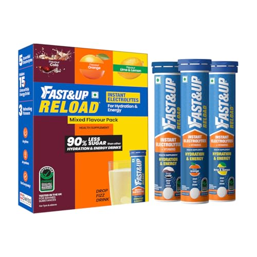 Fast&Up Reload (15 Liters) - (Orange, Lime &Lemon & Cola)- Low Sugar energy drink for Instant Hydration - Effervescent Tablets with all 5 Essential Electrolytes + Added Vitamins.