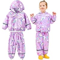 Baogaier Girls Waterproof Suit Kids Rain Suit Lightweight Rain Jacket and Trouser Set, Purple Horse Windproof Mesh Lining Raincoat & Pants 2 pcs Sets Outdoor Play Rainwear Age 5-6 Years