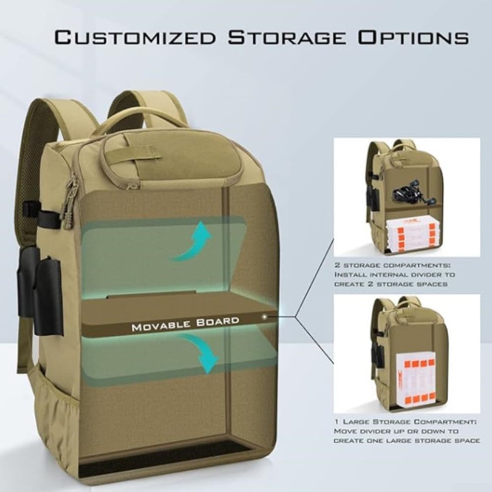 Drawup Zaino da pesca da 40 l con supporto per canna, impermeabile, per pesca al mare e alla carpa, nero, Marrone, L, Tattico