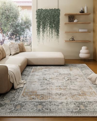Machine Washable Living Room Rug: 5'x7' Bedroom Rugs Boho Vintage Large Rug Stain Resistant Non Slip Low Pile Faux Wool Soft Rugs for Dining Room Bedside Kitchen Entryway Nursery Home Office