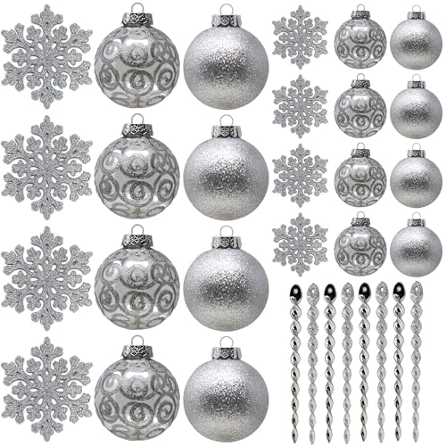 SLEETLY 32pk Christmas Ornaments for Tree Holiday Xmas Decorations, Shatterproof Plastic 3.15/2.36 Inch Glitter Balls, Icicles and Snowflakes Set, Silver (DEFECTIVE Units)