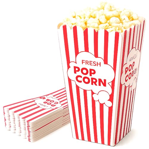 Sortify Red Striped Popcorn Cups Set of 25 Cinema Style Popcorn Box for Party Supplies Home Movie Night Snack Box & Birthday Disposable Container Food Grade Popcorn Bags 14x8.5 cm 20 Oz