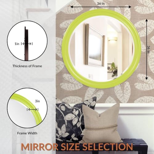 Image of Howard Elliott Collection George Round Glossy Green Wall Mirror, Bevelled Vintage Hanging Wood Framed Vanity Mirrors for Home Decor, Living Room, Bathroom, Bedroom, or Hallway, 36 Inch Round