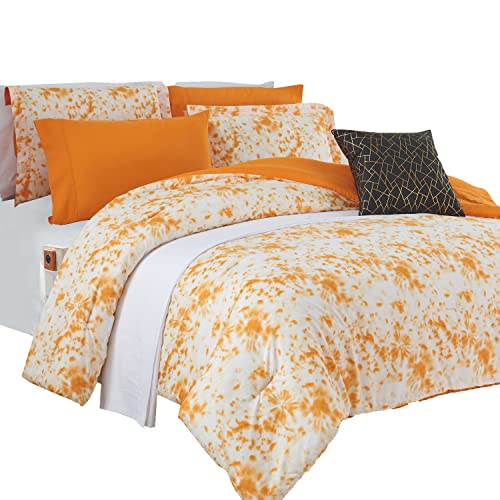 Image of Elegant Comfort Reversible 10-Piece Comforter Set, Tie-Dye Print, Decorative Pillow and Fitted Sheet with Smart Pockets, Soft, Plush, Lightweight Material, 10pc Tie-Dye Set, King, Orange