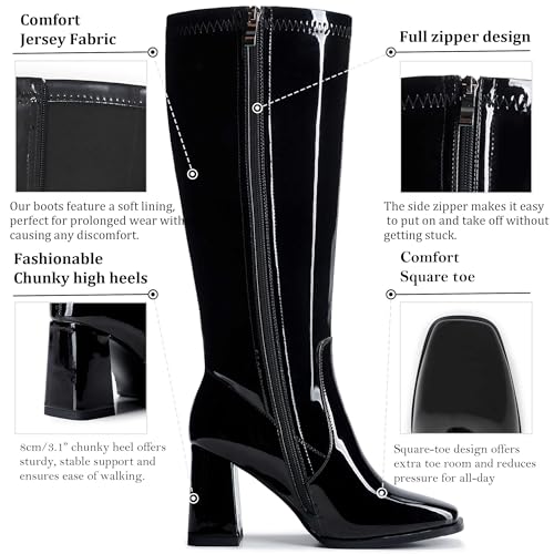 Image of Knee High Boots for Women - Wide Calf Boots with Zipper, Square Toe Tall Leather Boots, Chunky Heel Fashion Long Boots