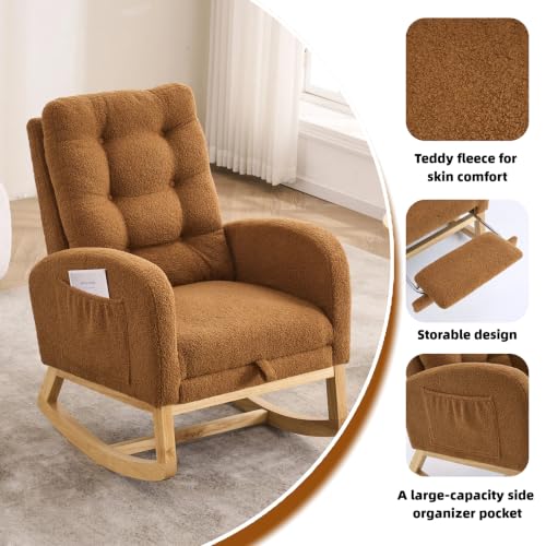 Image of Nursery Rocking Chair with Foot Rest, Teddy Upholstered Glider Chair with Side Pocket, Comfy Rocker Accent Armchair, Modern High Back Rocking Chairs for Living Room, Bedroom, Caramel