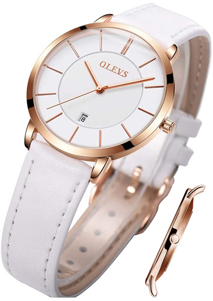OLEVS Quarz Damen Uhr Elegante Armbanduhr Lederarmband Wasserdicht 30M Datumsanzeige Leuchtende Frauen Uhr Geschenke zum Muttertag