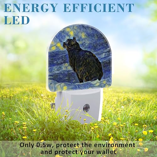 Image of Starry Sky Black Cat Painting Night Light Plug into Wall with Dusk to Dawn Sensor Cute Nightlight for Kid Girls Boys Women Men Room Decor, Hallway, Kitchen, Bathroom, Nursery, Stairs