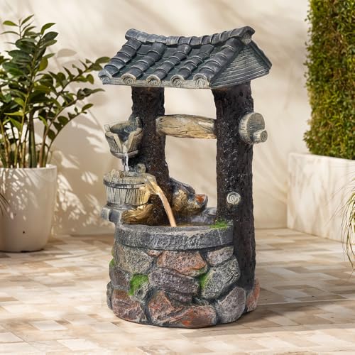 Image of BTGGG Solar Powered Water Fountain,Cascading Bowls Wishing Well Solar Water Feature with Lights Garden Water Feature Outdoor Garden Water Fountain Solar Waterfall Decorations