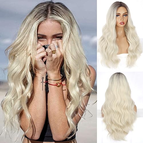 PORSMEER Long Blonde Wigs for Women Ladies with Dark Brown Roots Middle Part Natural Looking Pastel Loose Wave Curly Synthetic Hair Wig for Everyday or Halloween Party,26inch