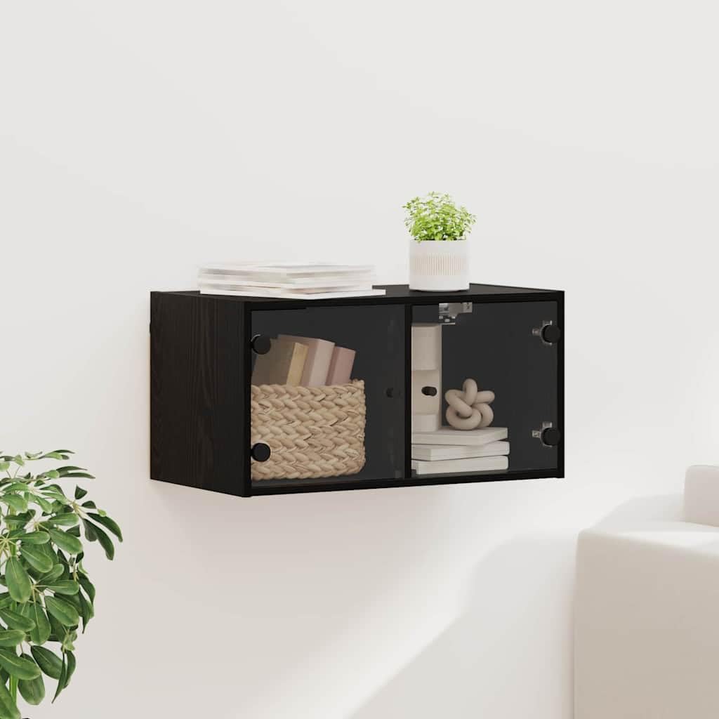 Armario de pared con aspecto de roble negro, 68 x 37 x 35 cm, armario colgante moderno con puertas de cristal y 2 compartimentos de material de madera – Escaparate de pared para salón y