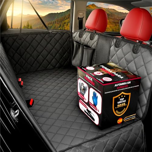 SweetSolutions© Funda Coche Perro | Protector Coche Perros Asiento Trasero | Impermeable y Resistente | Cubre Asientos Protector | Ventana de Malla Visible y Cremallera | Incluye Correa y Guante |