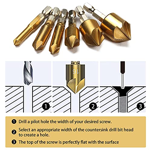 Countersink Drill Bit, Baban Countersink Drill Bit Set 6 Pcs 1/4'' Hex Shank Hss 5 Flute Countersink 90 Degree Center Punch Tool Sets For Wood Quick Change Bit 6Mm-19Mm #TOP3