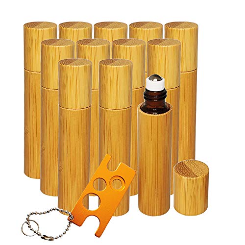 12er Roll On Flaschen für ätherisches Öl, Creatiees 10ml Roller Nachfüllbarer Behältermit Bambusschale, Roller Flaschen Metall Roller Ball Flasche Container für Aromatherapie Duftstoff