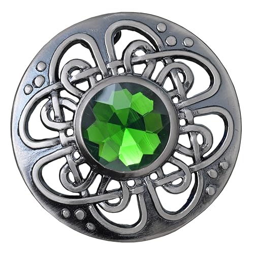 Image of Elegant Culloden Plaid Brooch - Scottish Kilt Fly Plaid Brooch Intricate Celtic Knot in Pewter with Gemstone 3-Inch Diameter - Ideal for Scottish Kilts & Formal Wear