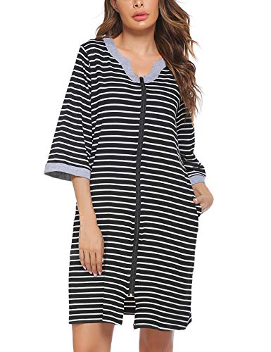 Hotouch Women's 3/4 Sleeve Long Nightgown with Pocket Zipper Sleep Dress Soft Nightshirt Sleepwear Lounge Dresses