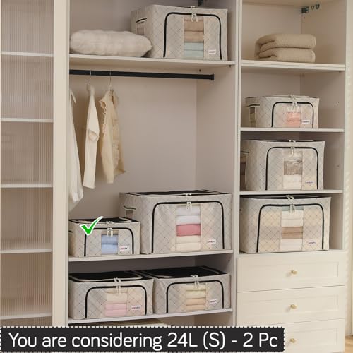 Image of HOKIPO 24L Folding Storage Box and Organiser for Clothes, 600D Oxford Fabric Storage Box, Ivory Noir Pack of 2 (AR-6484-BLK*2)