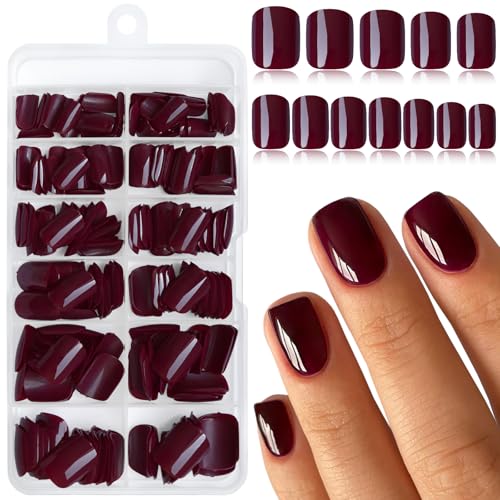 LuckForever 240pc Burgundy Press on Nails Short Square Fake Nails with Tabs, Short Acrylic Nails Press ons Nail Wine Red Glue on Nails Square False Artificial Fingernail for Women Girls Kids