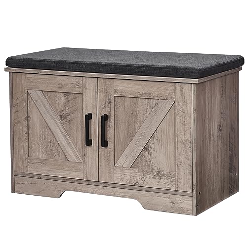 2 Tier Storage Bench Shoe Bench with Padded Seat Cushion Entryway Bench with 2 Barn Doors Adjustable Shelf 138 D x 276 W x 177 H for Entryway Living Room Bedroom Greige