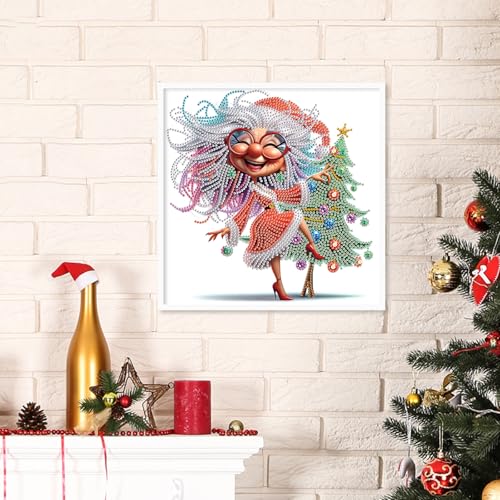 Image of Christmas Diamond Art Painting Kits for Adults, 5D Special Shape Diamond Art Kits for Beginners, Crystal Rhinestones Diamond Painting for Home Wall Decoration Gift 12x12 inch, Christmas Tree Granny
