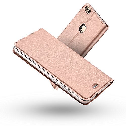 Radoo Funda Huawei P10 Lite, Slim Case de Estilo Billetera Carcasa Libro de Cuero,Carcasa PU Leather con Silicona Interna Suave [Función de Soporte] [Cierre Magnético] para Huawei P10 Lite (Oro Rosa)