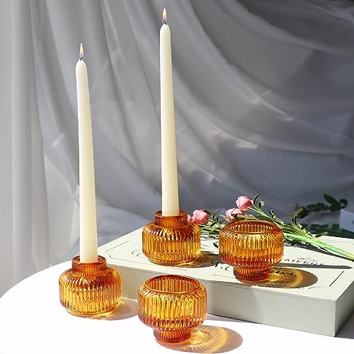 Woho Candlestick Holders Set of 4, Amber Votive Candle Holders for Fall Wedding Table Centerpiece, Ribbed Glass Taper Candle Holders for Dinner Party