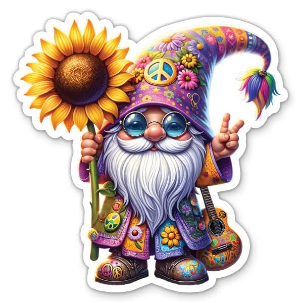 Hippie Gnome Sticker - 3" Laptop Sticker - Waterproof Vinyl for Car, Phone, Water Bottle - Cute Groovy Peace Gnome Decal