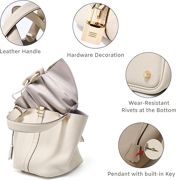 Genuine Leather Bucket Bags for Women, Leather Bucket Bags, Lock Design Top-handle Purses Shoulder Handbag2