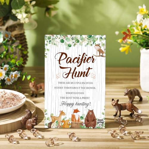 Image of Thyle 51 Pcs Woodland Animals Pacifier Hunt Baby Shower Games Forest Animal Baby Shower Game Decoration Include Hunt Sign and Acrylic Pacifiers Woodland Themed Gift Sets for Gender Reveal Party Decor