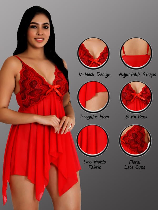 Image of Babydoll Lace Nighty with Adjustable Straps Above Knee V Neck S-3XL