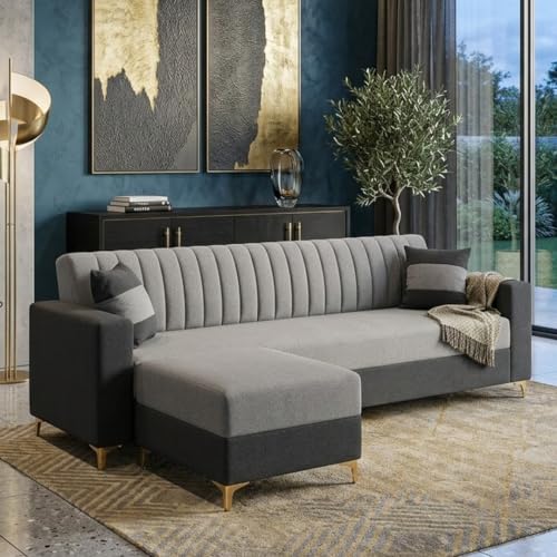 Image of FURNY Signature Regalia 4-Seater L-Shape Sofa Set with Movable Ottoman | Flexible LHS /RHS Layout | Boston Fabric | 40D Foam + Zigzag Spring | 3-Yr Warranty (Ash Grey, Light Grey)