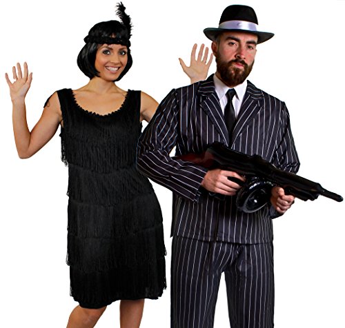 Déguisement accessoires pour couple de gangster adulte une robe noire Charleston XXL, un bandeau, un collier de fausses perles + un costume XL, une mitrailleuse Thompson gonflable, un chapeau