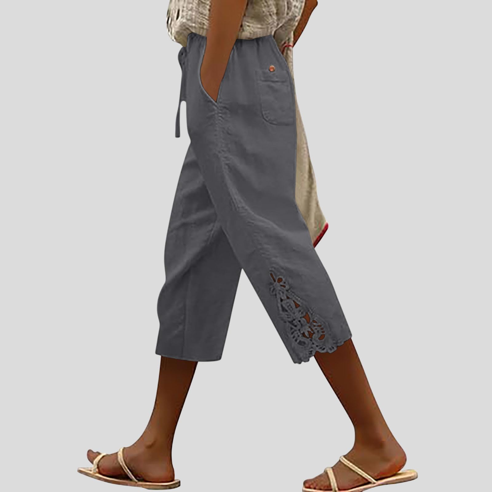 Pantalones Pirata Mujer Lino Verano Frescos Cómodo Elásticos Pantalón Deportivo 3/4 Shorts Respirable Pantalones con Palazzo Bolsillos Capris Pantalones Cortos de Algodón y Lino