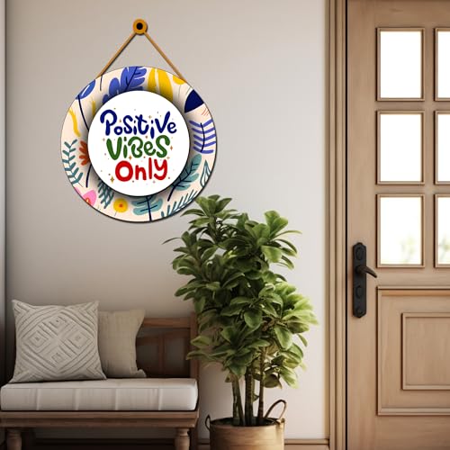 Image of GENXTRA Positive Vibes Only Round Hanging Wall Decor - Colorful Motivational Wooden Sign for Home & Office