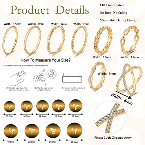 Tobeny 8Pcs 14K Plated Gold Rings For Women Stackable Knuckle Rings Gold Silver Size 4 To Size 11 Rings 1.5Mm- 3.8Mm Midi Stacking Eternity Wedding Rings #TOP4