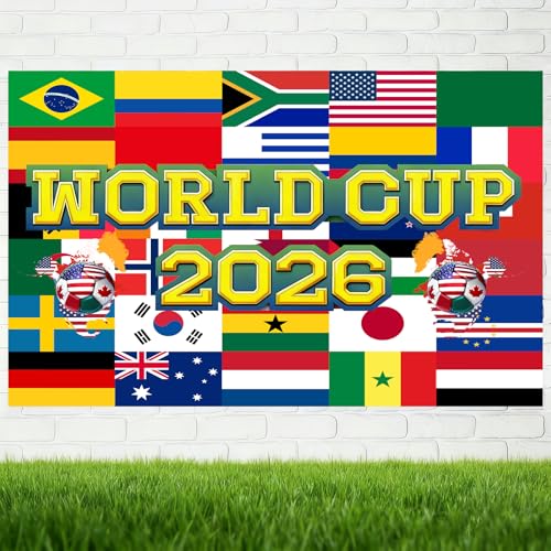 World Football Cup Tournament Backdrop 5x3ft 2026 World Soccer Sport Themed Soccer Party Decorations Banner Backdrop for Photo Booth and Football Event Decor BJWMPH31