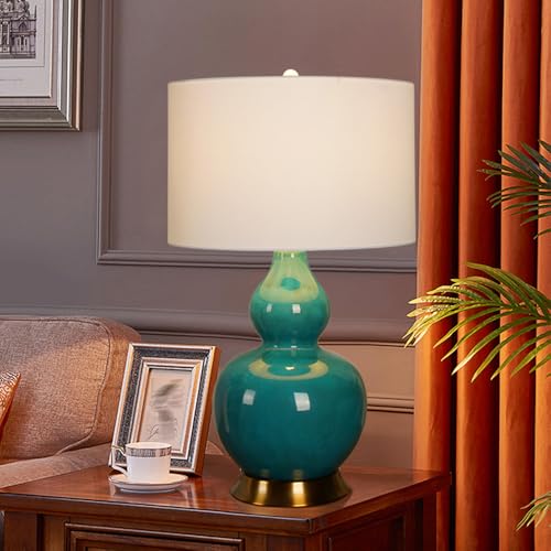 SQUSMAY Jingdezhen Porcelain Table Lamps for Living Room, Coastal Ceramic Table Lamps for Nightstand, Farmhouse Desk Lamps for Bedroom,Drum Shaped Fabric Lampshade Table Lamps - Image 5