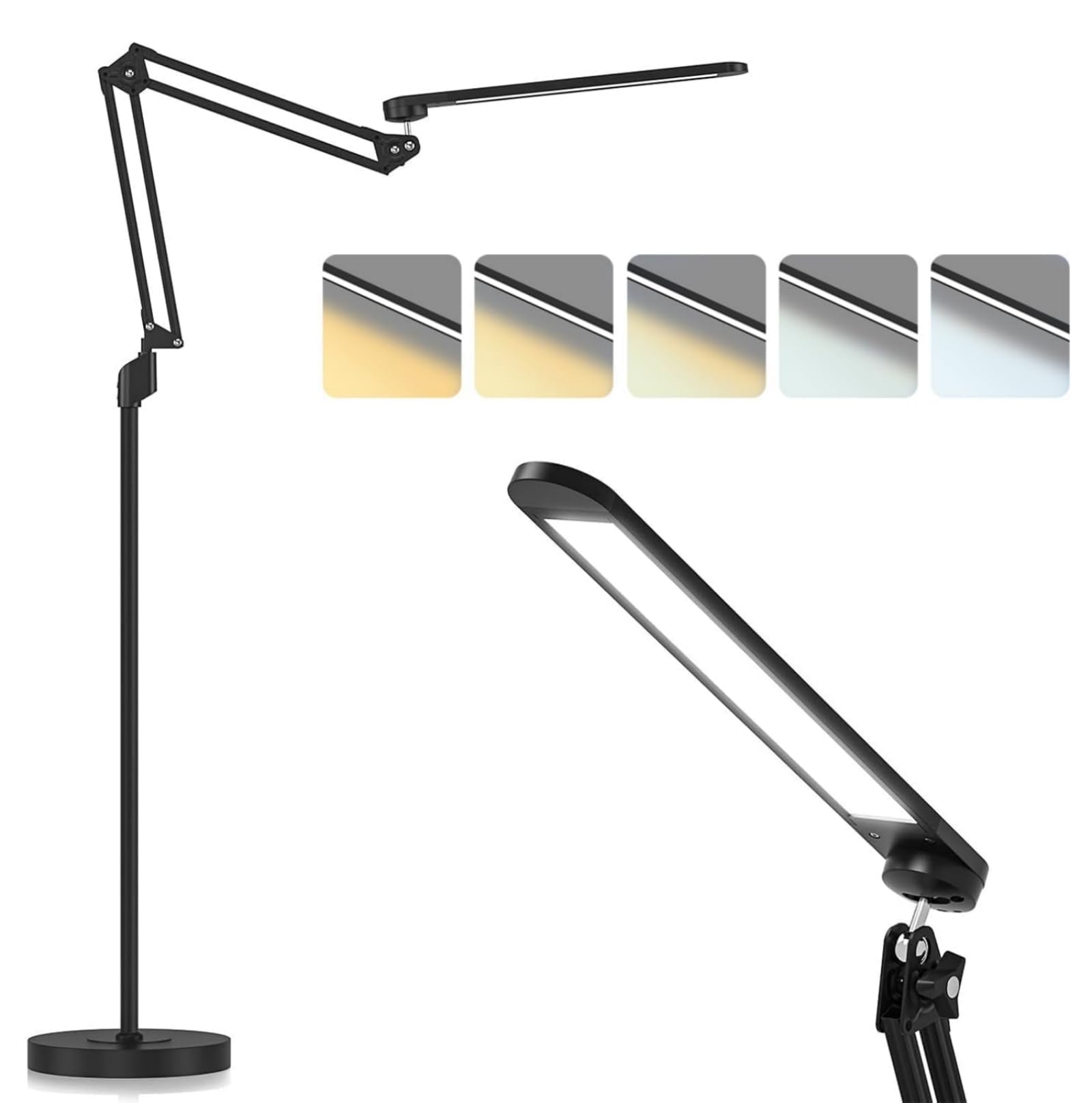 Floor Lamp for Living Room with 5 Color Temperatures, Stepless Dimming, Standing lamp with 360° Degree Swing Arms, 12W LED Modern Lamps for Bedroom, Office, Work (Black)