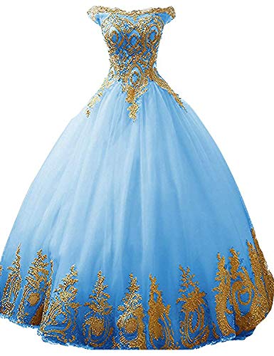 Stillluxury Tul Quinceañera Vestido de Bola de Oro Apliques Dulce 16 Baile...