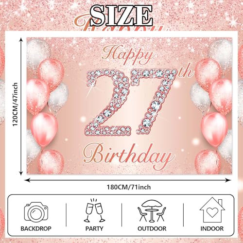 Image of Happy 27th Birthday Rose Gold Banner Cheers to 27 Years Old Backdrop Confetti Balloons Theme Decor for Women 27 Years Old Pink Birthday Party Decorations Bday Supplies Background Favors Gift Glitter