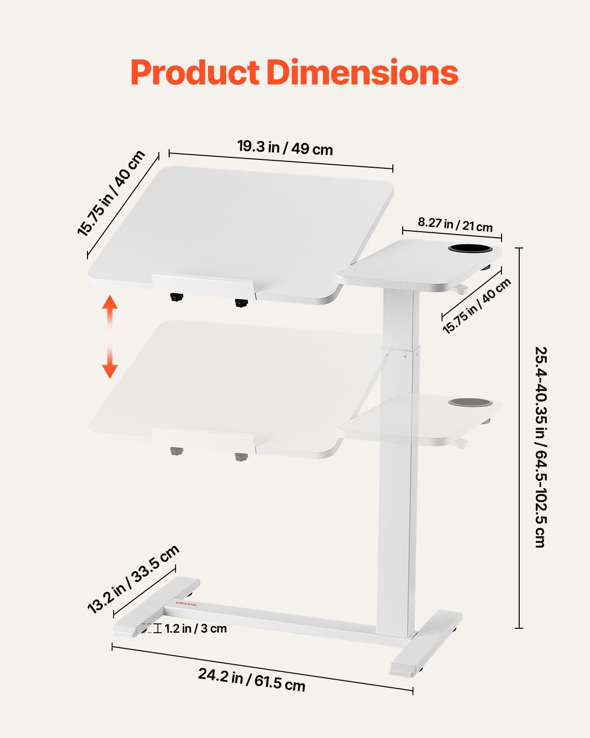 VEVOR Table de lit mobile, table d'appoint avec plateau rabattable et 4 roulettes dissimulées, bureau d'ordinateur portable réglable en hauteur avec porte-gobelet, pour maison, bureau et études, blanc