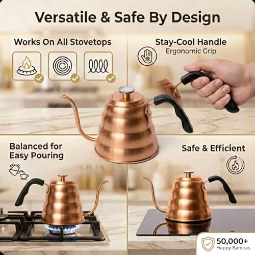 Image of Barista Warrior Gooseneck Kettle, 1.2L Pour Over Kettle, Copper