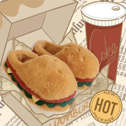 Fun Cute Burger Plush Slippers for Men & Women, Winter Warm Creative Fuzzy Couple Home Shoes3