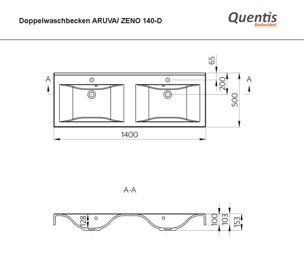Quentis Badmöbelset ZENO 140 cm, Doppelwaschtisch mit Unterschrank, Eiche Natur, 4 Schubladen, Unterschrank montiert