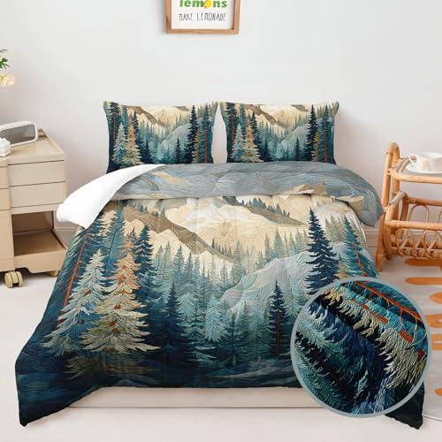 Image of AILONEN Queen Size Comforter Set,Mountains Forest Landscape Art Bedding Set for Room Decor,Lightweight Micorifber Duvet with 2 Pillowcases,3Pcs