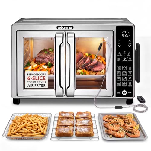 Image of Gourmia French Door Air Fryer Toaster Oven - 6 Slice Capacity, Temperature Probe, 18 Cooking Presets, FryForce, Digital Display, 3 Rack Positions, Dishwasher-Safe Accessories, Stainless Steel